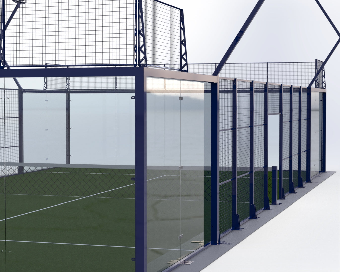 Estructura de cancha de padel con rejas metalicas y vidrio templado instalado 