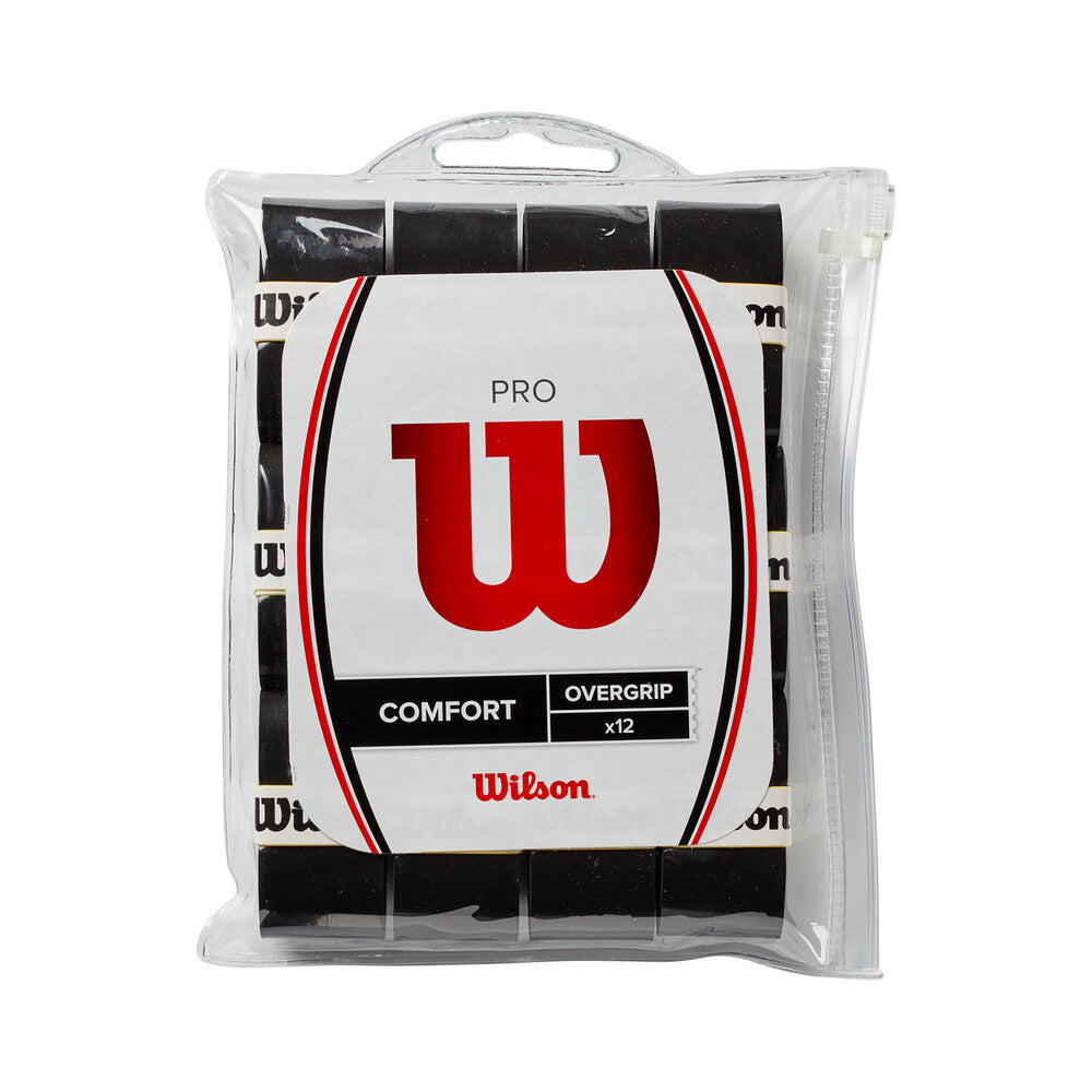 Paquete de doce overgrips negros para palas de pádel marca Wilson modelo Pro Comfort en su empaque original de plástico transparente 